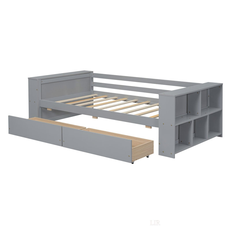 Lit de jour avec tablettes et tiroirs, taille simple, gris