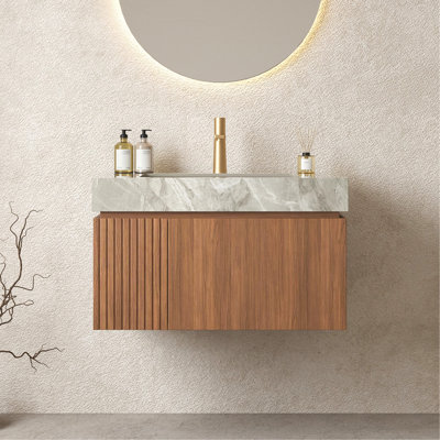Meuble-lavabo de 30 po avec lavabo, meuble de rangement mural en contreplaqué avec tiroir et porte, comptoir en pierre frittée gris clair et lavabo en céramique, pré-assemblé, couleur grain de bois de chêne brun