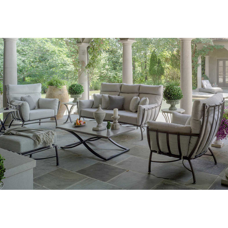 Majorca Outdoor Ottoman with Cushion, Herringbone Sand, Welt