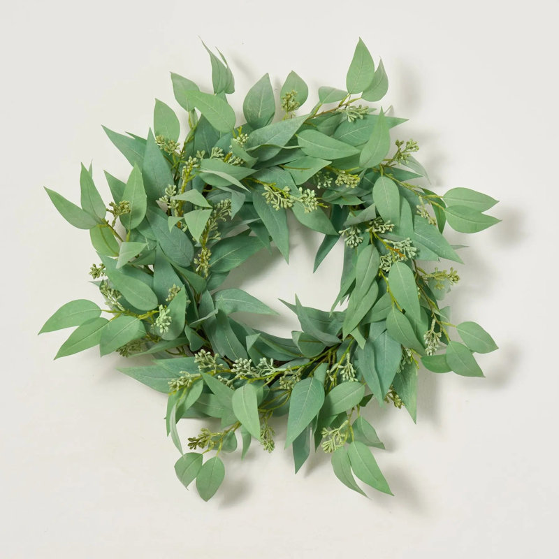 Couronne toutes saisons en fausse lame de porte d'eucalyptus toutes saisons