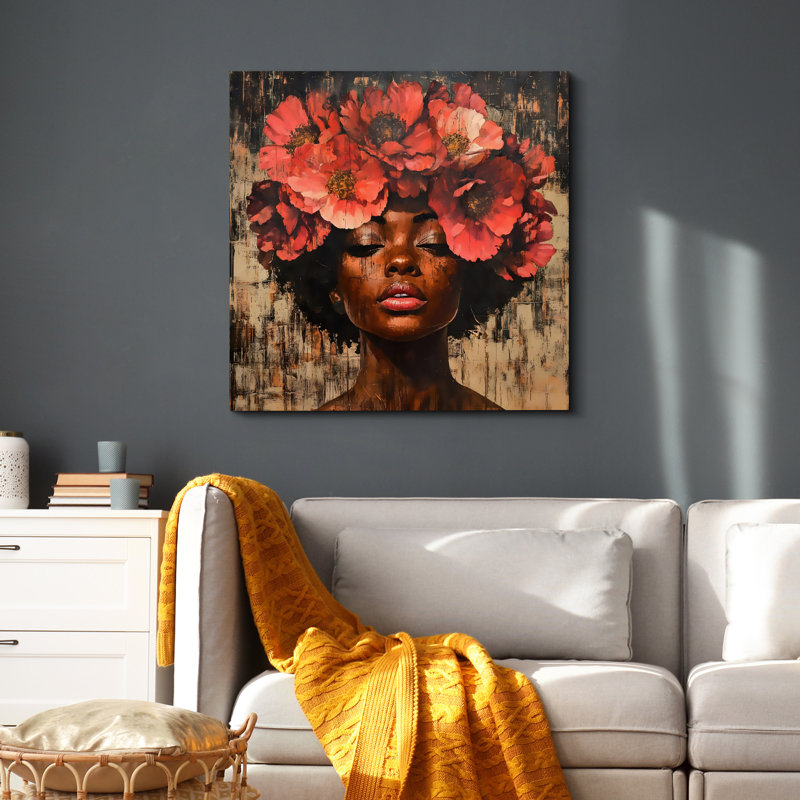 Elegance Red Floral Crown African American Bedroom Classic Vintage Artwork Framed Canvas Print Wall Art, Wrapped Canvas