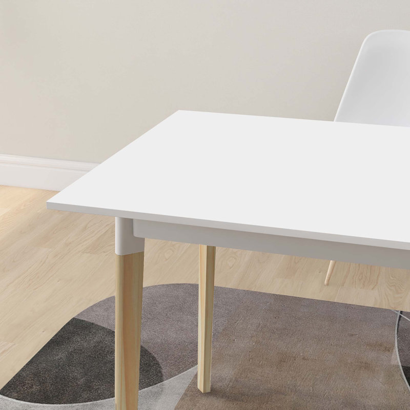 Table de salle à manger moderne, table de cuisine rectangulaire avec pieds en bois massif, blanc