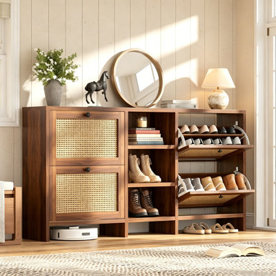 63" Shoe Storage Cabinet with 4 Flip Drawers, Wood Rattan Shoe Cabinet, Slim Shoe Organizer Cabinet for Entryway, Narrow Hidden Shoe Cabinet with 3-Tier Storage Shelf for Hallway, Entrance, Walnut