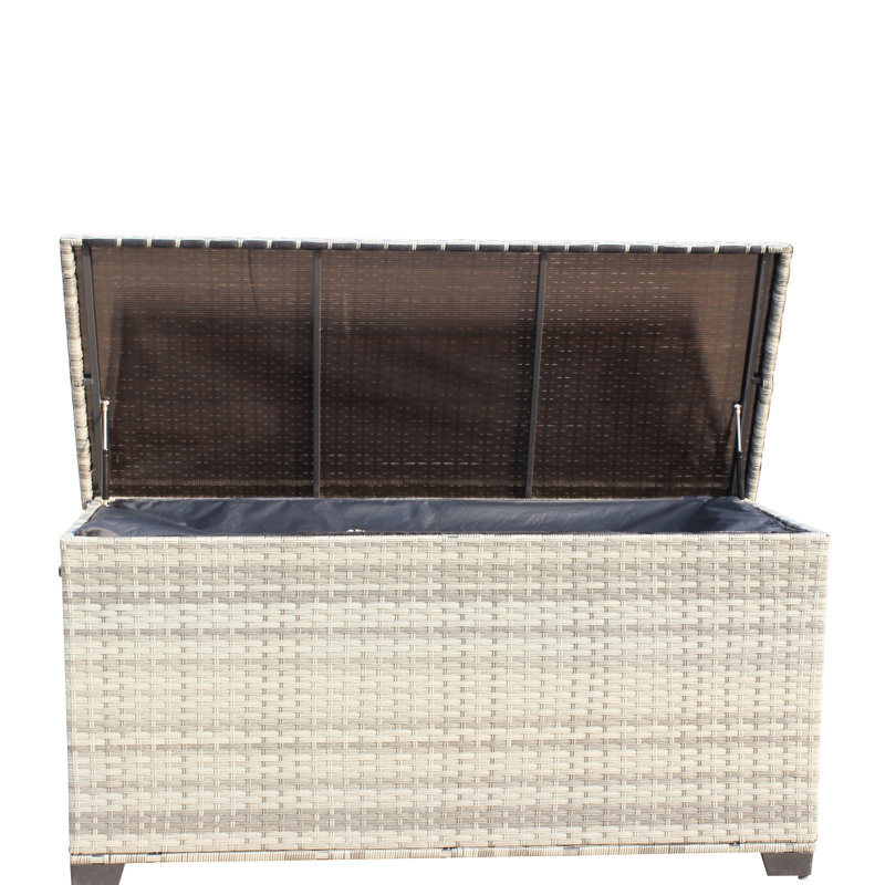 Contenant de patio - gris. Capacité de 148. Couvercle renforcé pour la protection. Intérieur. Poignées de mobilité. Pe et acier. Assemblage requis Boîte de rangement de couleur grise. Avec panneau en polypropylène. Poignées faciles à déplacer.