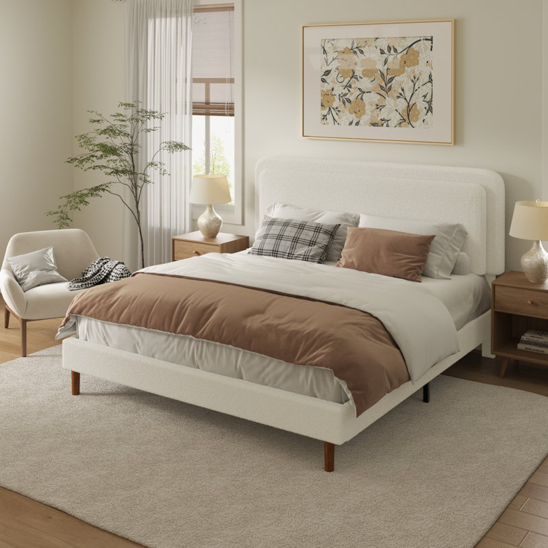 Structure de lit plateforme grand format avec tête de lit ajustable, lit tapissier Cloud, pieds en bois massif, assemblage facile, aucun sommier tapissier requis, blanc