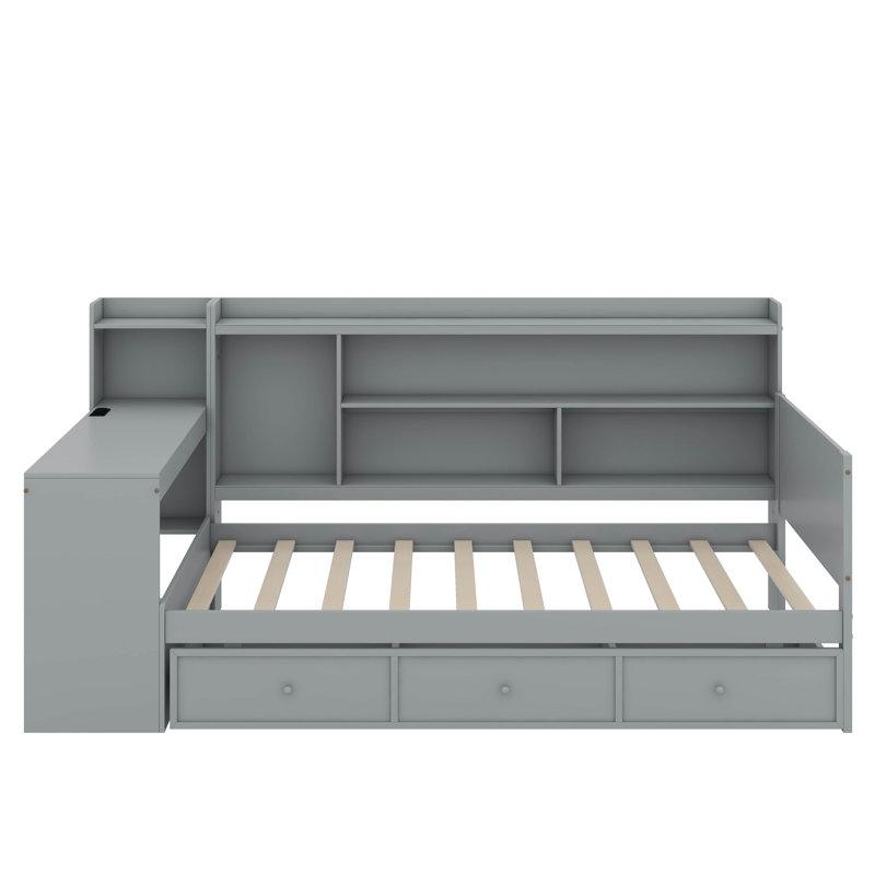 Twin Size Wooden Daybed With Drawers And Desk, Gray