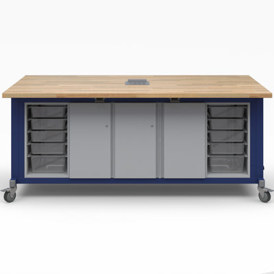 Explorer Rover Table with Butcher Block Retractable Top, 2 Bin Modules with Bins, 1 Single and 1 Double Storage Module with Locking Doors and Power