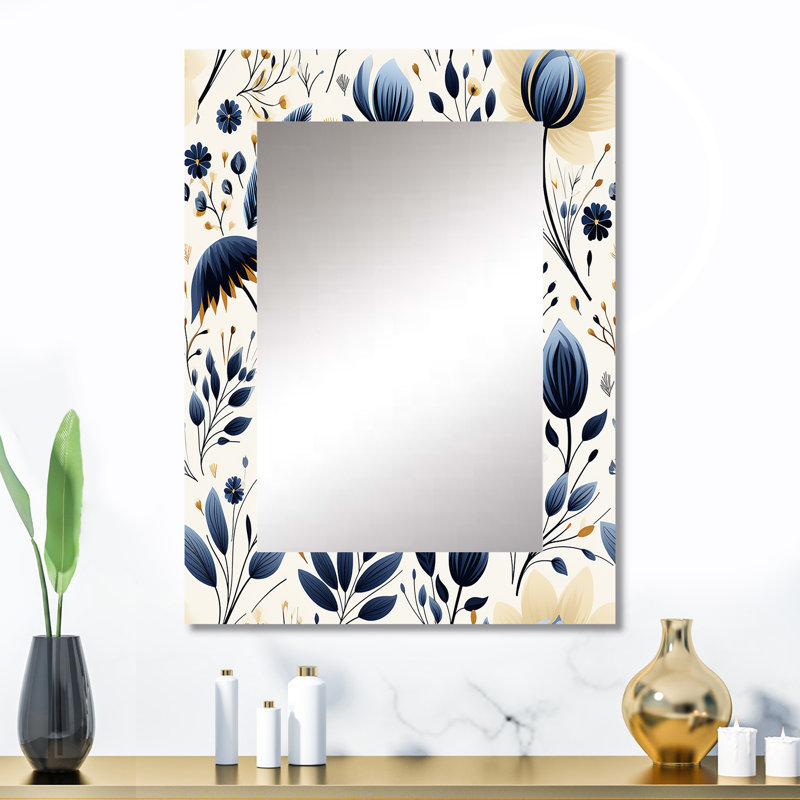 Nordic Yellow Blue Garden Dreams - Floral Mirror Wall Decor, 32" x 24"