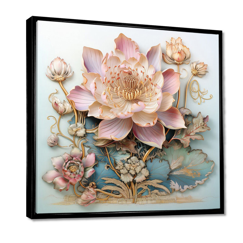 Fleur de lotus rose pastel sur bleu rétro I - impression d'art mural Lotus, Cadre flottant noir, bois massif