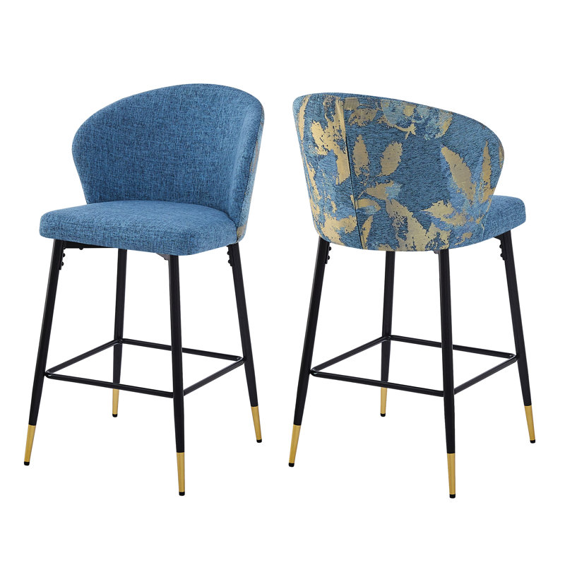 De 2 tabourets de bar à hauteur de comptoir, revêtement bleu, fabrication en métal, rembourrage en mousse, unités de cuisine et de salle à manger, housse, structure, siège, coussin rembourré,