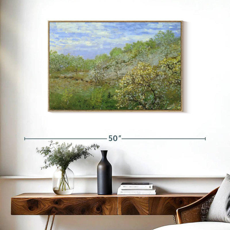 Apple Trees In Bloom, Floating Frame Natural Wood, 37" X 25"