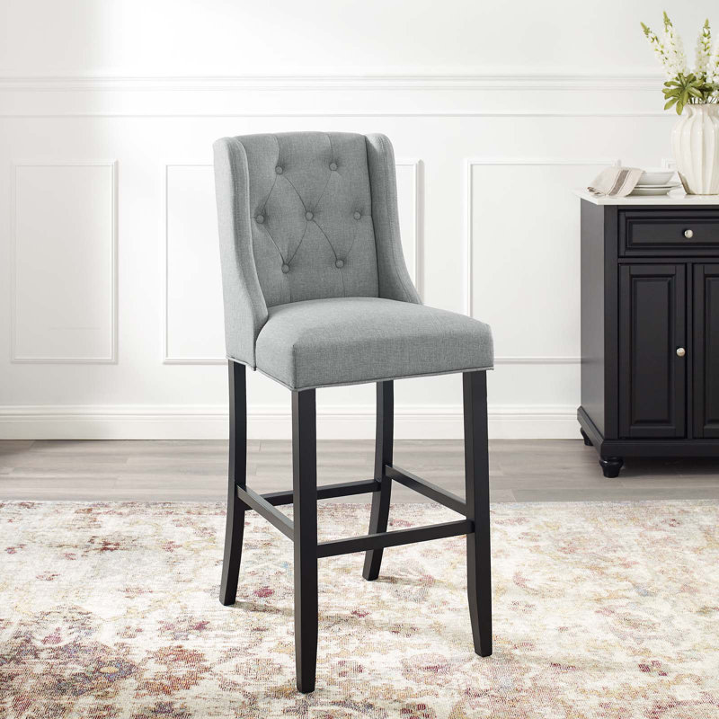 Modway Baronet Tufted Button Upholstered Fabric/Faux Leather Stool, Light Grey Velvet, Bar Stool (30.5" Seat Height)