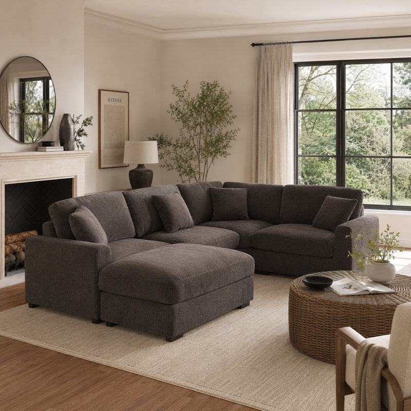 Canapé de coin modulaire confortable à 5 sièges avec repose-pieds mobile, Dark Grey Chenille