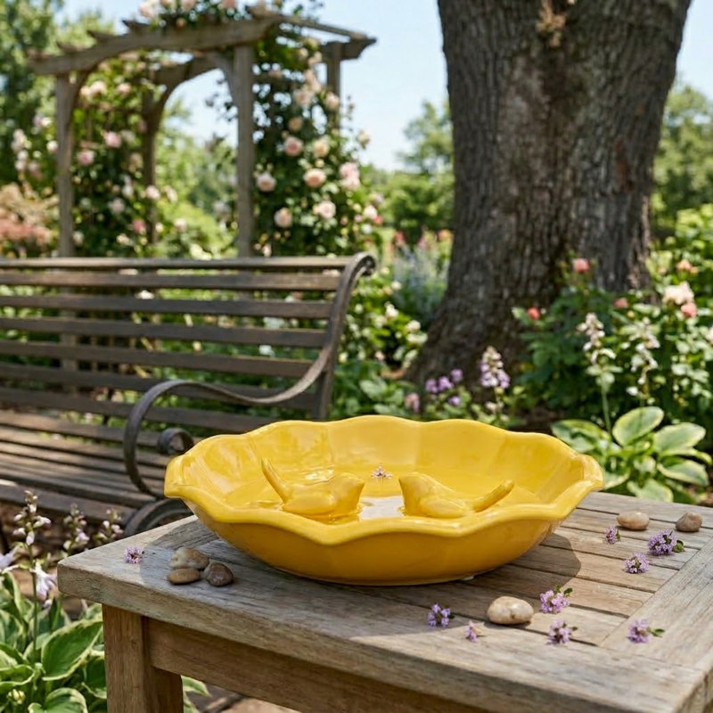Decorative Ceramic Flower Garden Bird House and Bath for Patio Accent - Yard Decoration Outdoor Bird Feeder Outdoor House Display - Yellow