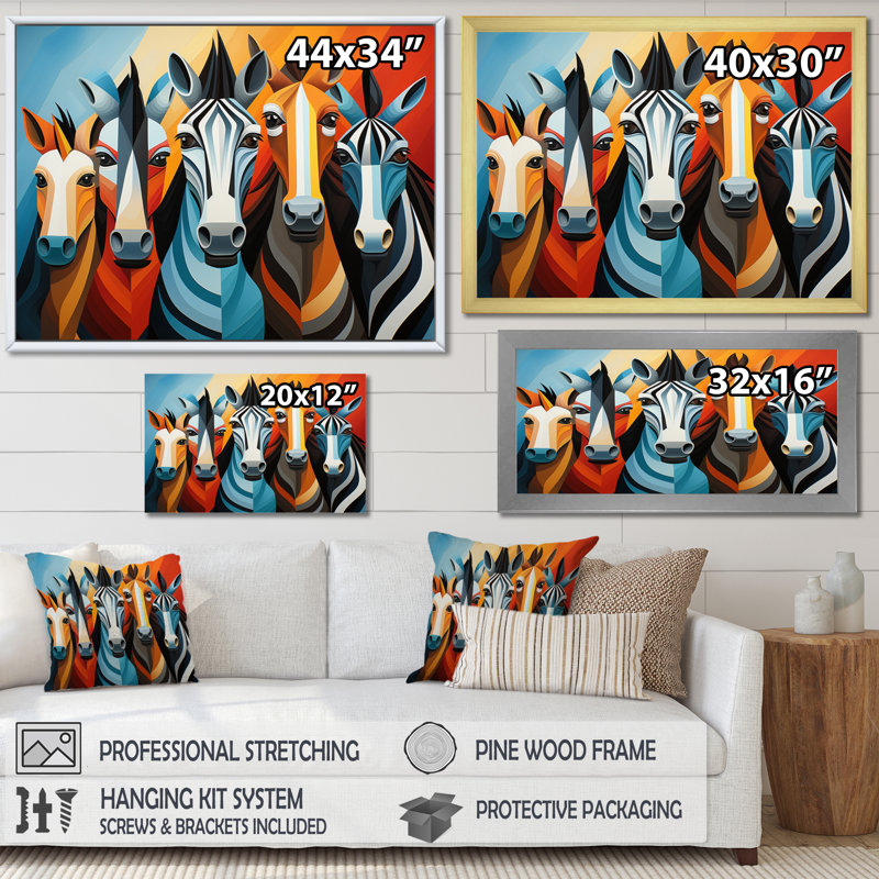 Zebra Cubist Family, reproduction d'art sur toile, H 30 po x l 40 po x P 1,5 po, Noir