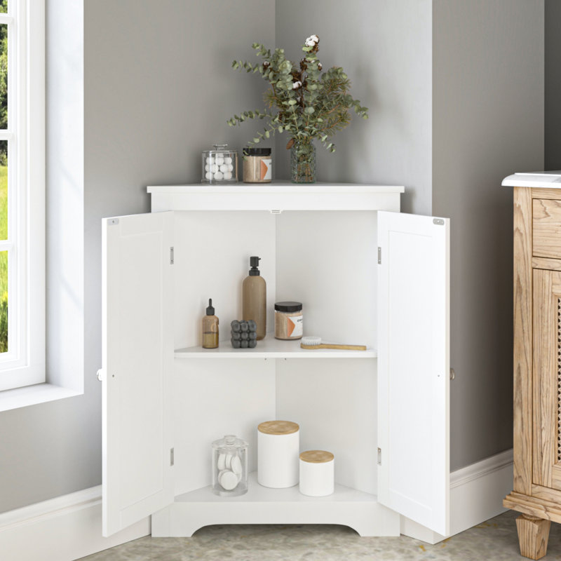 Armoire de plancher au sol avec 2 portes et tablettes réglables, armoire de rangement étroite autoportante, armoires de rangement en coin