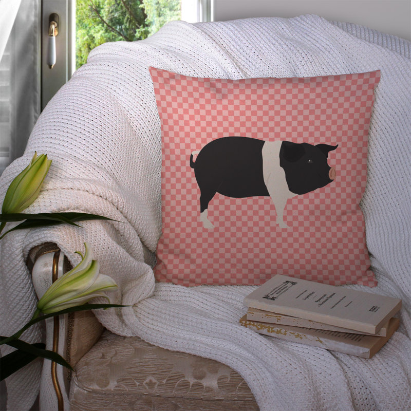 Coussin extérieur éclectique porc check, Rose, 14 po x 14 po