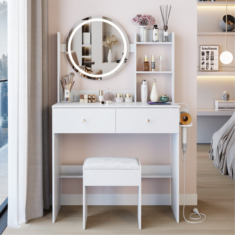 Table de coiffeuse à miroir 17 po, Blanc