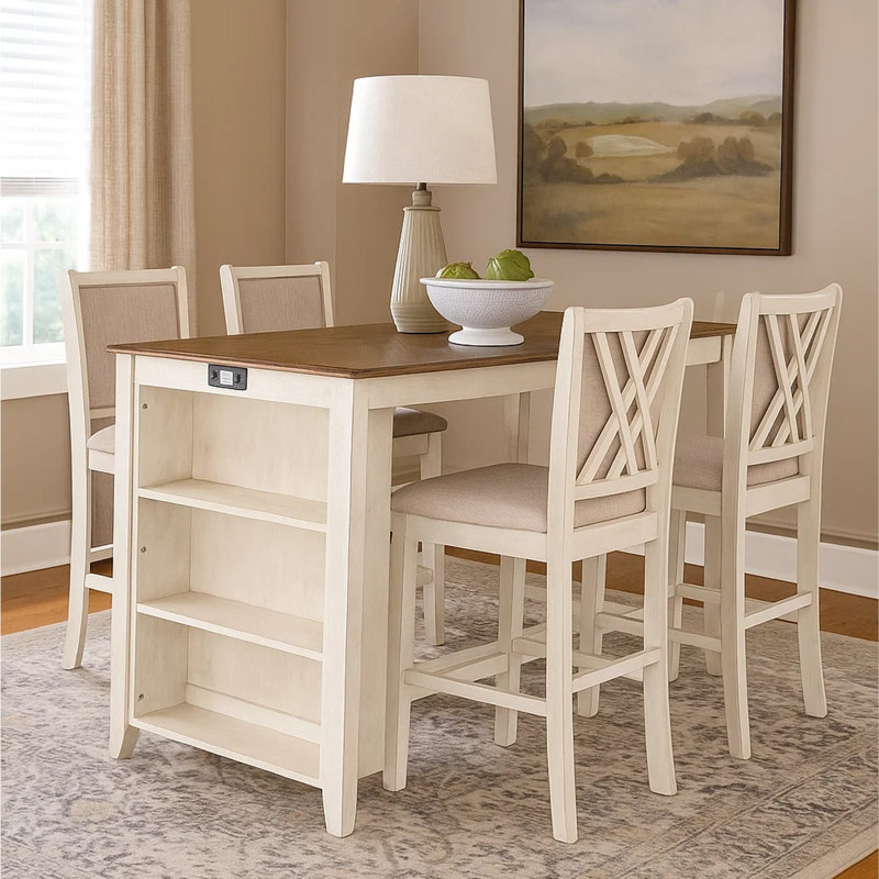 Josiha 60 Inch 5 Piece Counter Table Set with USB Ports, White/Brown, 41" H x 17.13" L x 18.88 W"