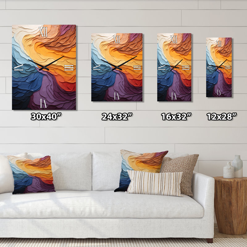 Abstraction lyrique jaune orange coucher de soleil II - Abstrait très grandes horloges murales, H 32 po x l 24 po x P 1 po