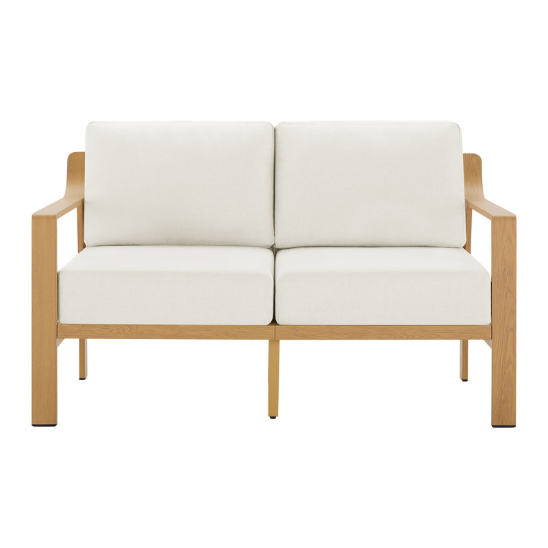 Causeuse d'extérieur en aluminium avec coussins de 52,8 po de largeur, Coussin beige / Cadre en bois naturel
