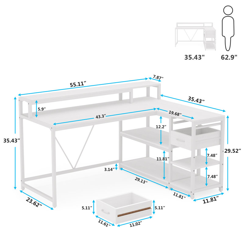 Reversible L -Shaped Computer Desk with Monitor Stand, White