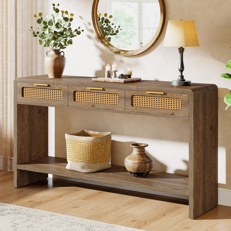 55-Inch Entryway Table with 3 Rattan Drawers and 2-Tier Open Storage Shelf，Console Sofa Table