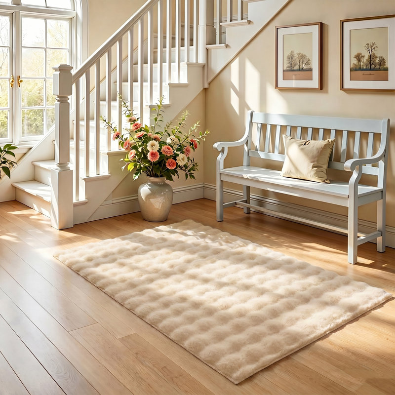 Tapis antidérapant en fausse fourrure de lapin, Beige, Rectangulaire 3 pi x 5 pi
