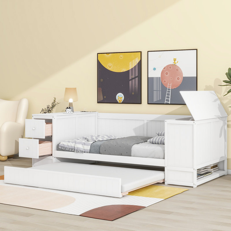 Lit de jour simple avec rangement, couchette et ports de charge électrique - Fabrication en bois solide dans les prises pratiques