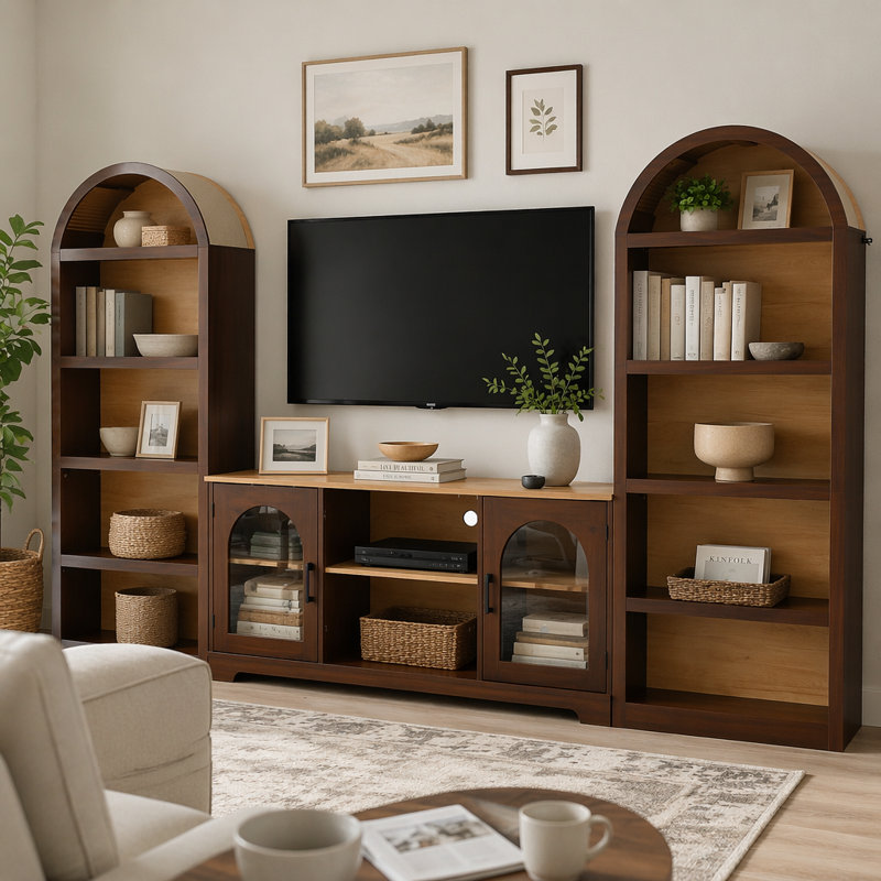 Ensemble de meuble télé 3 pièces avec bibliothèque pour téléviseur de 70 po ou moins, Walnut
