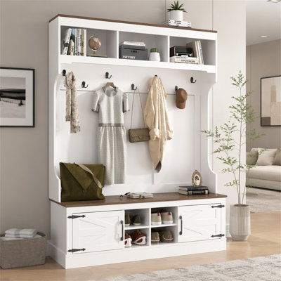 Arbre d'entrée 71 po avec banc et rangement pour chaussures, armoire de rangement moderne d'entrée 5 en 1 avec portemanteau, 4 casiers à chaussures et 7 crochets pour le couloir, l'entrée et le salon