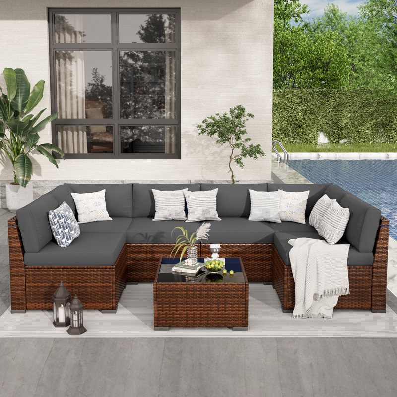7 Piece Rattan Sectional Seating Group with Cushions, Gray, No