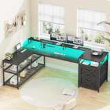 67" L Shaped Desk With Drawers, Computer Office Desk With Storage Shelves & Power Outlet, Reversible Gaming Desks With Led Lights For Home Office
