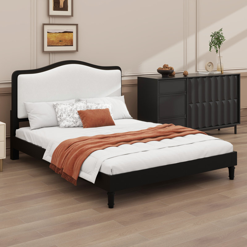Platform Bed Frame with Headboard, Black Frame+White Fabric
