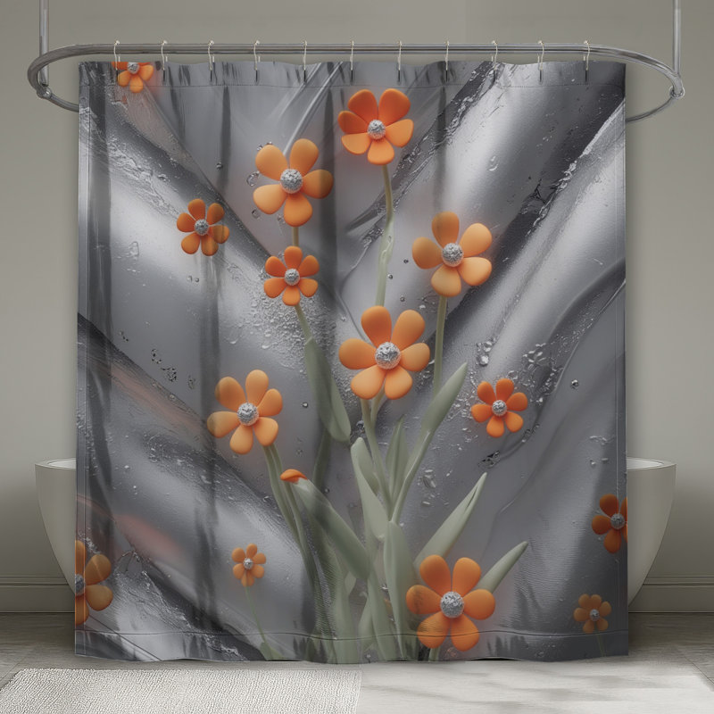Fleurs orange sur rideaux de douche argentés extra longs, L 70 po x H 93 po