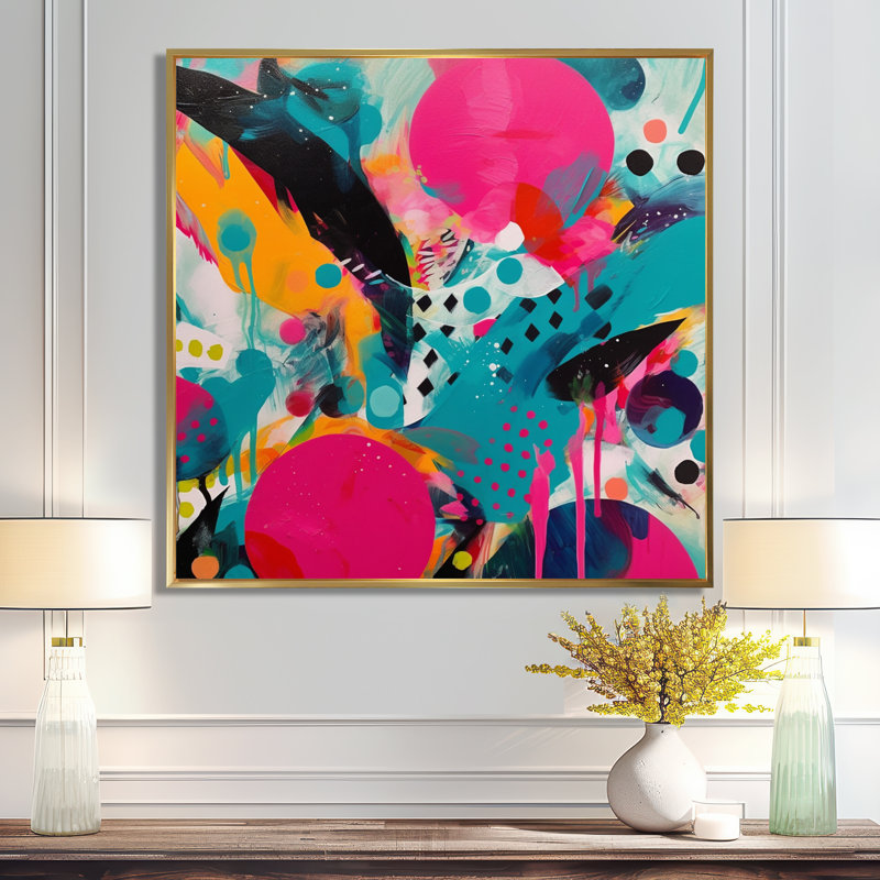 Art abstrait sur toile rose et turquoise abstraite I, H 16 po x l 16 po x P 1 po, Cadre flottant doré