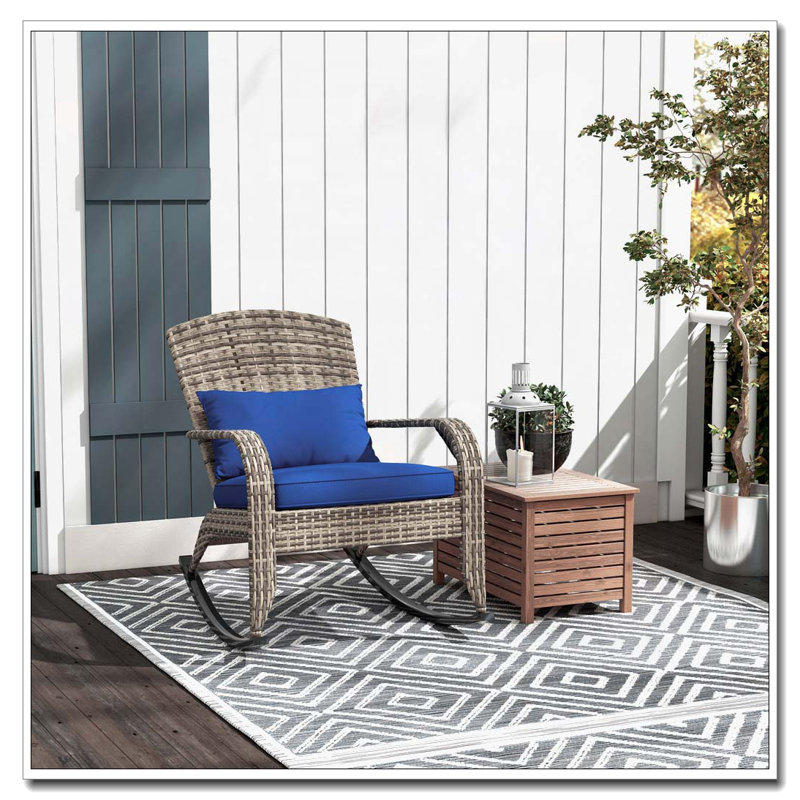 Chaise berçante d'extérieur en osier et rotin, Bleu très foncé, Gris