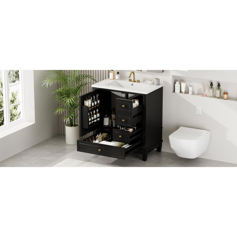 Lavabo de salle de bain 30 po, charnières de porte noires à fermeture en douceur, une avec tablette et 3 tiroirs, finition noire, construction, porte, rangement 1 et