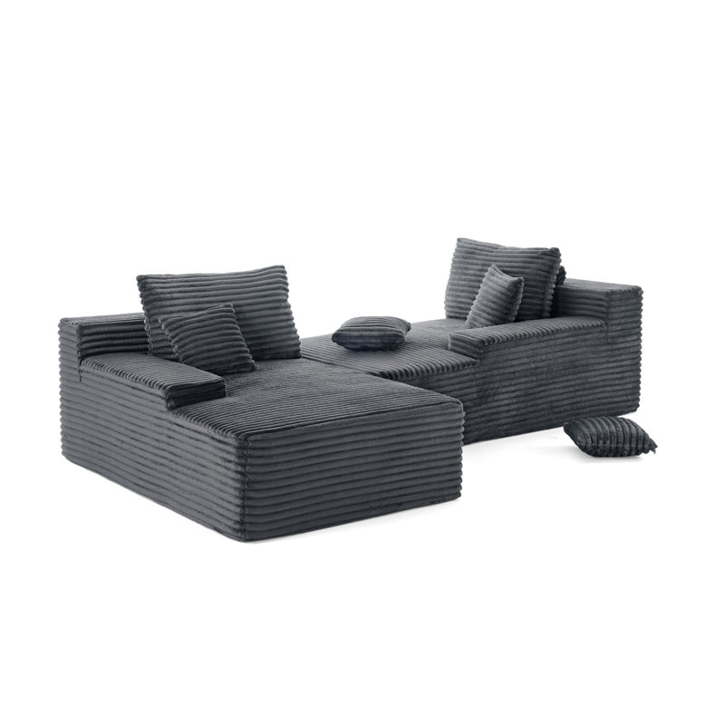 Upholstered Faux Rabbit Fur Flannel Modular Oversized Sleeper Sofa with Pillows No Assembly Required, Grey