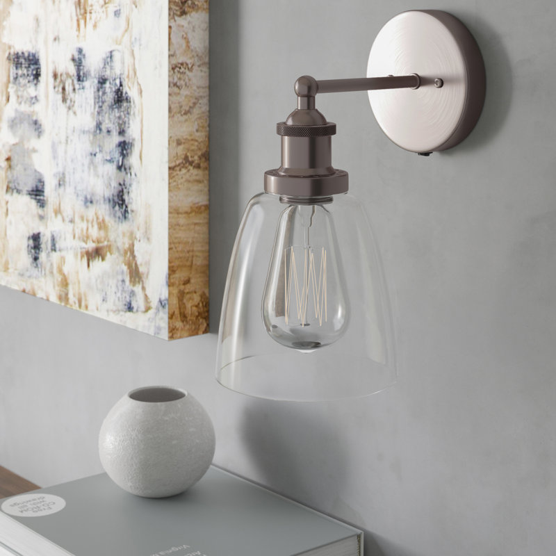 Wayland 1 - Light Dimmable Industrial Style Switched Armed Sconce Wall Light, Pewter, Clear