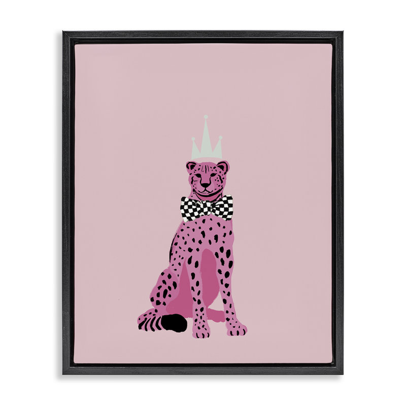 «Pink Cheetah King», art mural encadré par Elizabeth Medley, Cadre flottant noir de jais, H 31 po x l 25 po