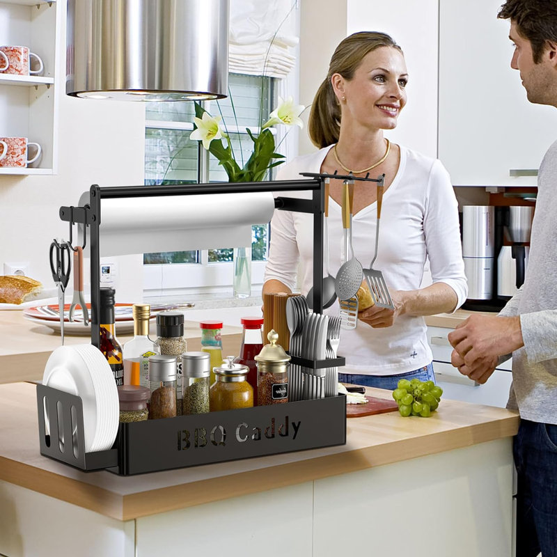Black Metal BBQ Caddy with Paper Towel Holder and Hooks