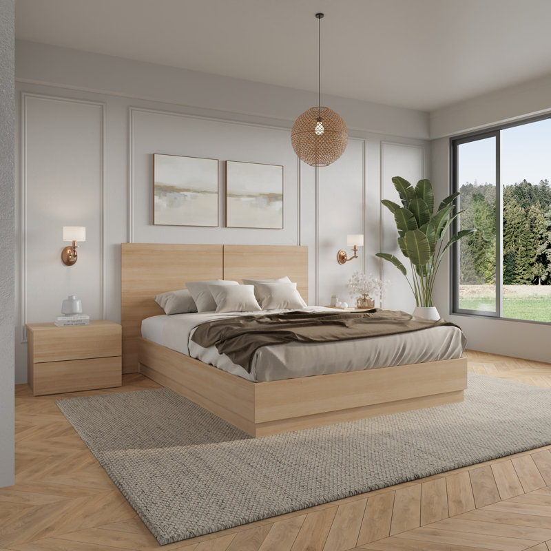 Ensemble de chambre à coucher 4 pièces avec tête de lit Douglas, cadre de lit à lattes, 2 tables de chevet, Beige, Double
