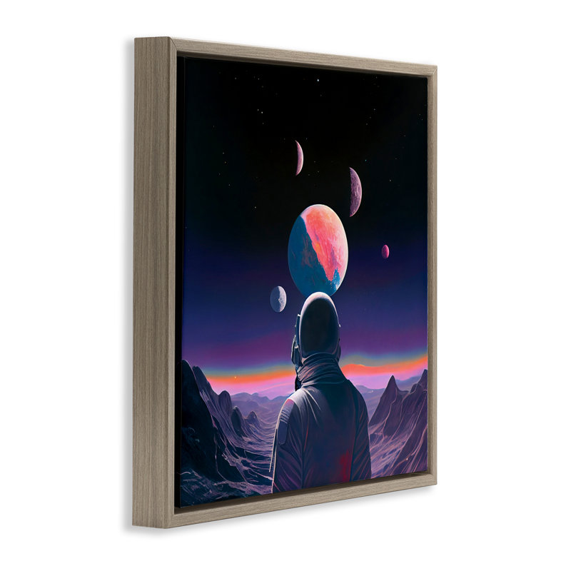 Astronaute et cadre flottant de terrain aux tons mauves, design par Sasha, H 18 po x l 18 po, Cadre flottant orme Montalcino