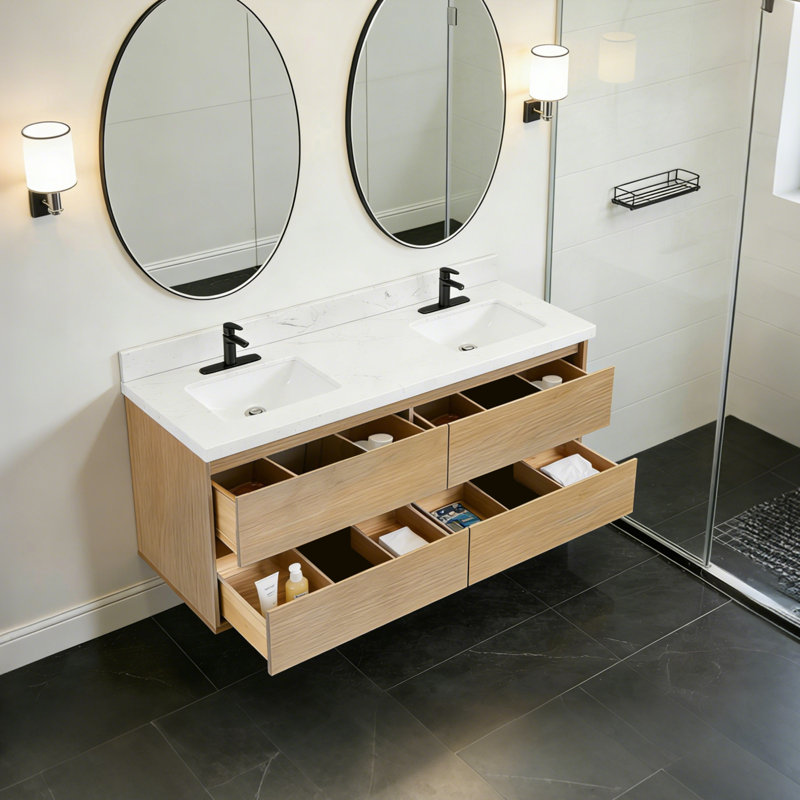 Ensemble de meuble-lavabo double mural 60 po avec plateau en pierre, Natural Oak, 60"