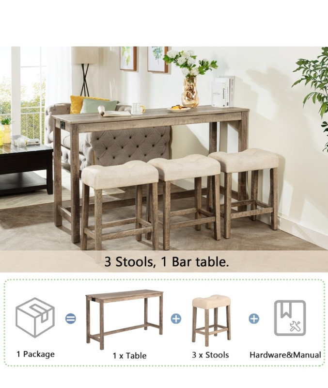 Long Counter Height Dining Bar Table & 3 Stools Set—Built-in Power Strip, Padded Seats, Space-Saving for Kitchen/Living/Game Room