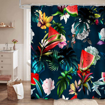 Rideau de douche sans couture à motif floral et pivoine sarcelle avec 12 crochets