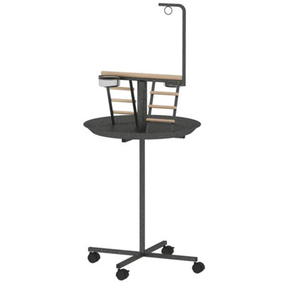 Support mobile pour oiseaux avec roues, support pour perroquet gris foncé avec plateau rond et bols en acier inoxydable