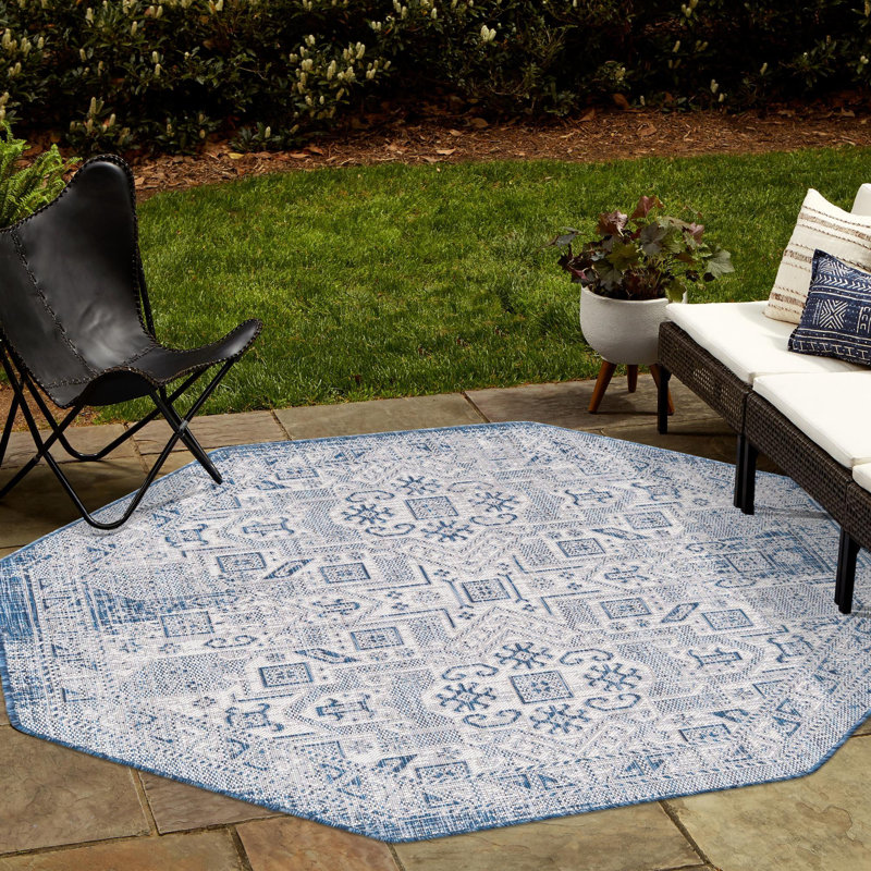 Outdoor Chand Area Rug Ivory-Blue Color, Octagon 5'3"