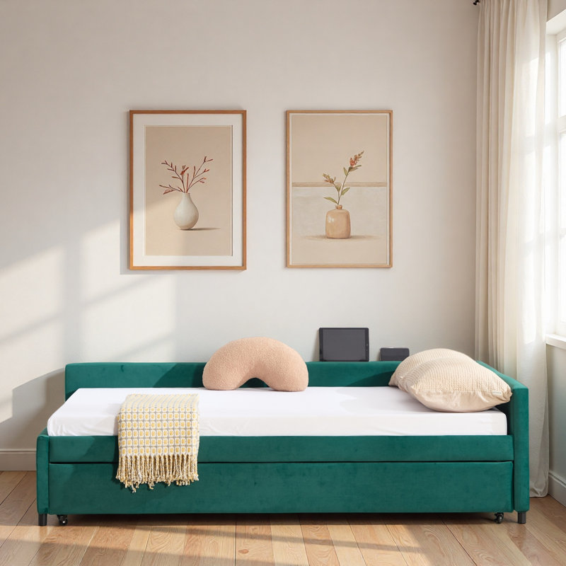Upholstered Daybed With Trundle And Usb, Emerald